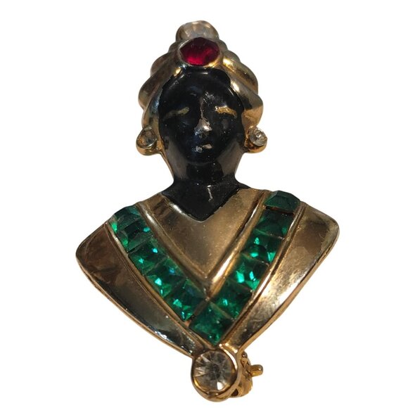 Jolle Rhinestone Genie Brooch 1940s Small Vintage Black Enamel Green Red Stones - Picture 1 of 12